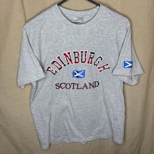 Vintage Edinburgh Scotland Embroidered T-Shirt Gray Plaid Mens L